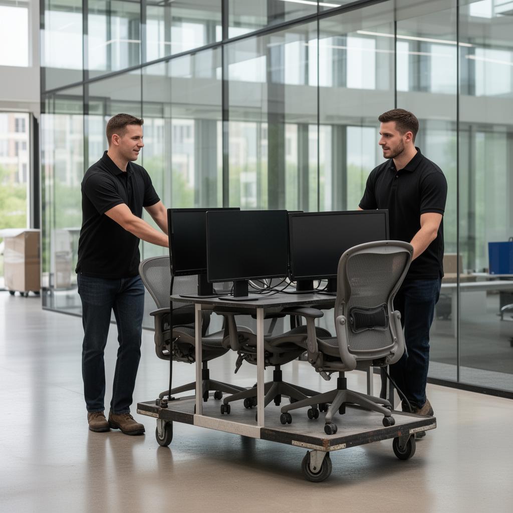 Office relocation: monitors and chairs rolled out on a flat dolly